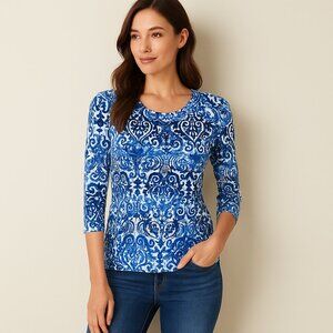 Alia Blue & White Patterned 3/4 Sleeve Top – Size XS